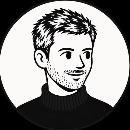 Portrait illustré de Sébastien Oger, dessin au trait noir et blanc.